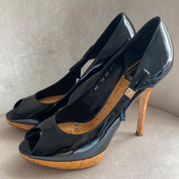 Christian Dior Black Patent Leather Peep Toe Pumps Stiletto Heels with Bow - Picture 4 of 7